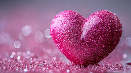 Obraz premium Shimmering pink heart decoration with glitter and water droplets on a soft background