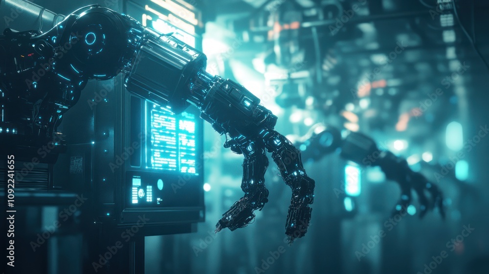 Poster futuristic robotic arm interacting with digital interface