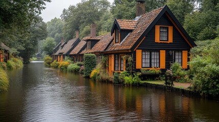 Obraz premium A serene canal scene with charming houses and lush greenery.