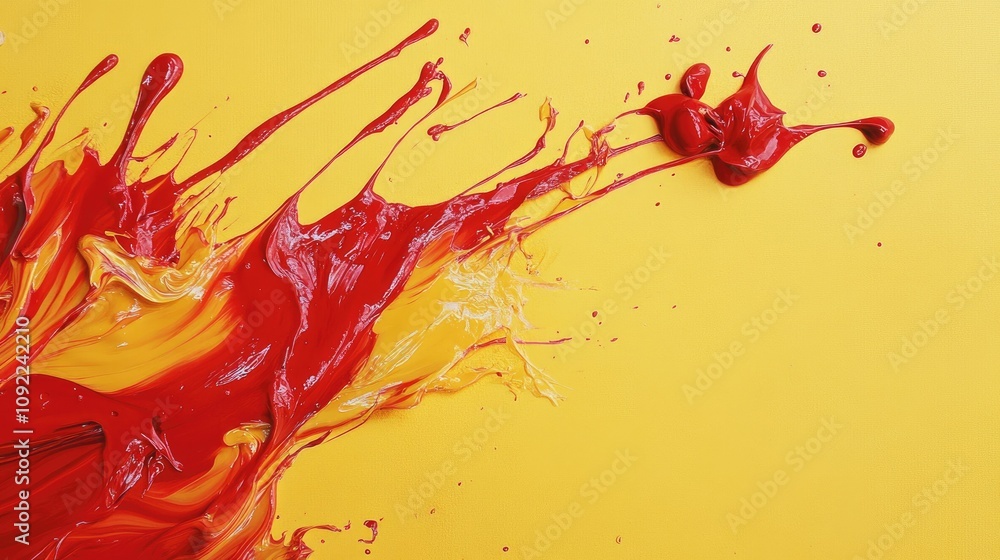 Poster dynamic splash of red paint on vibrant yellow background capturing the energy and motion of creative