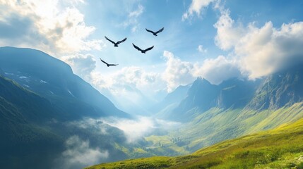 Fototapeta premium Birds soaring above a picturesque valley nature landscape photography in high fidelity