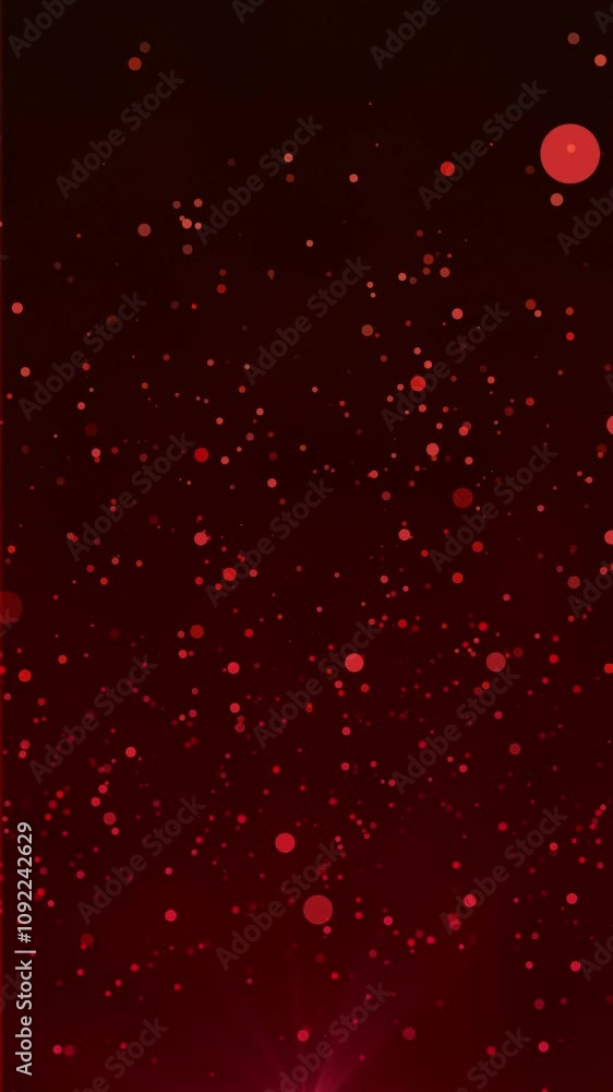Poster red bokeh particles floating in the air on a dark background, vertical composition. light rays on th