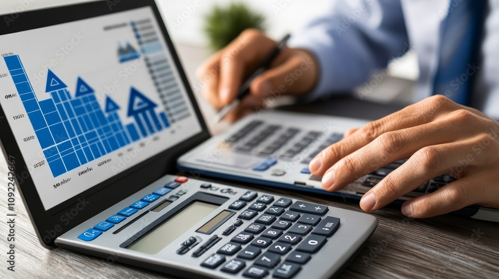 Poster close-up of hands using calculator and reviewing financial data on tablet.