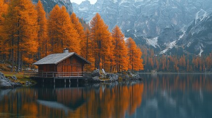 Fototapeta premium A serene lakeside cabin surrounded by vibrant autumn foliage and majestic mountains.