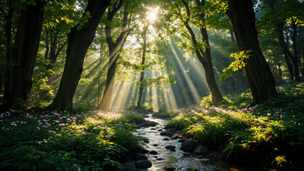 Fototapeta premium A serene forest scene with sunlight streaming through lush trees, illuminating a gentle stream lined with vibrant green grass and wildflowers.