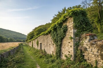 Fototapeta premium Old worn stone wall with overgrown vegetation, ruin, ancient, wilderness, wood, decay