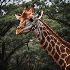 Obraz premium A giraffe is a tall, herbivorous mammal known for its long neck and legs, making it the tallest land animal. It has distinctive spotted fur, usually in patterns of brown and white or yellow. 
