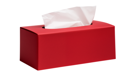A red tissue box with white tissue paper isolated on transparent white background, clipping path