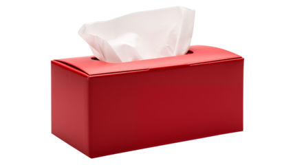 A red tissue box with white tissue paper isolated on transparent white background, clipping path