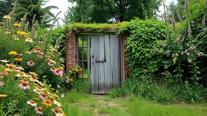 overgrown garden with wildflowers and old gates, overgrown garden, rustic charm, nature photography © vilavanh