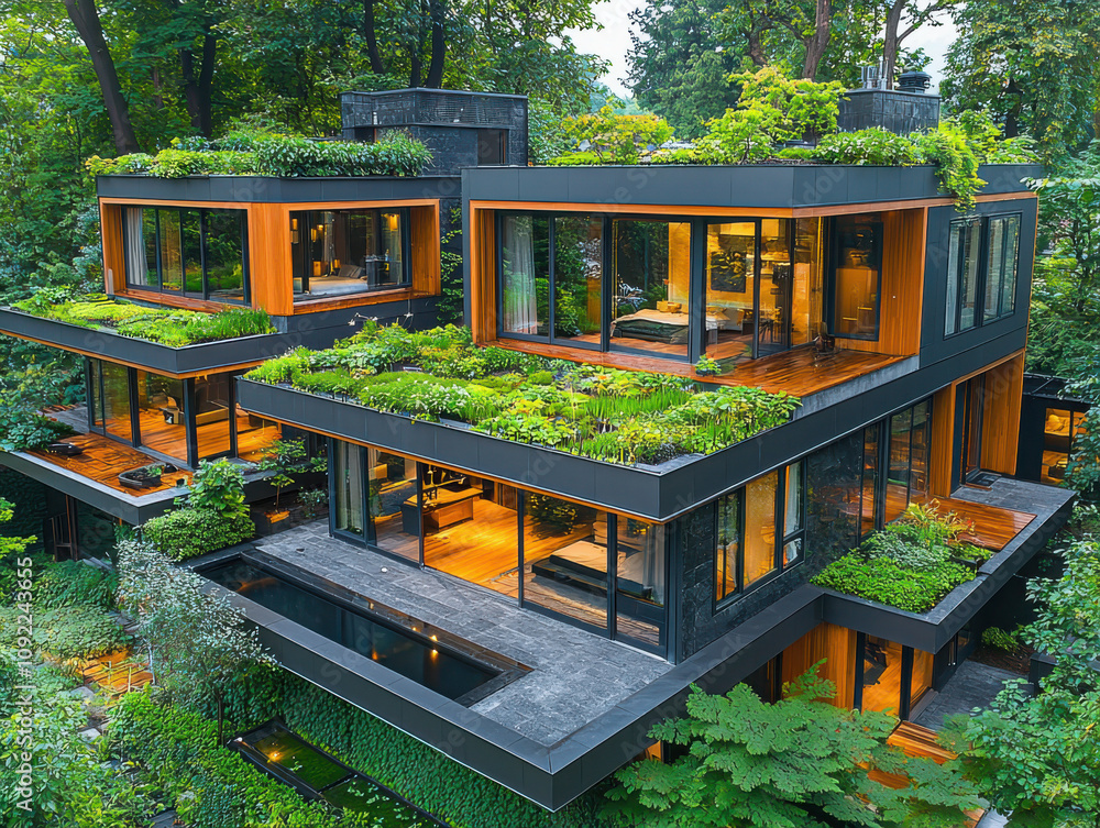 Poster creating a sustainable housing development with energy-efficient features in urban environments for 