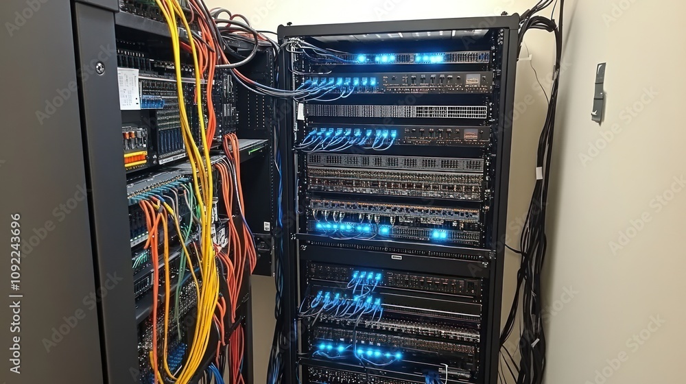 Aufkleber network server rack with extensive cabling and equipment