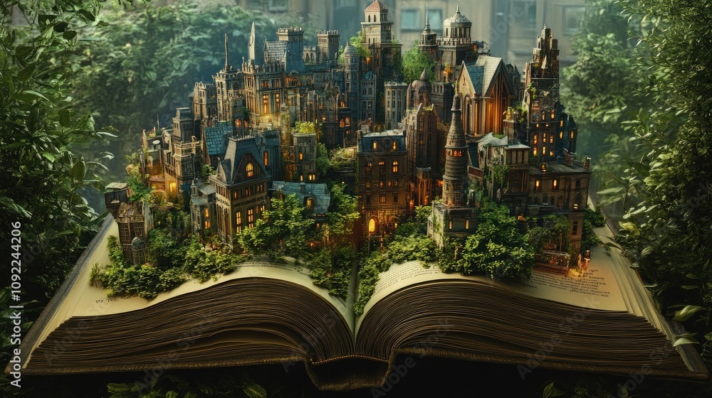 Poster enchanted cityscape unfolding from an open book surrounded by lush greenery, capturing the imaginati
