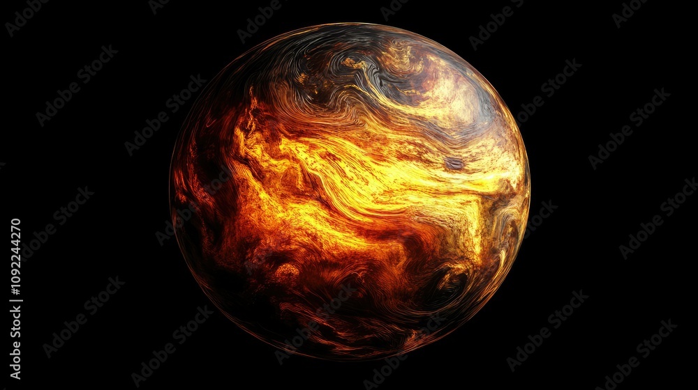 Poster a beautiful abstract representation of a fiery planet surrounded by a deep black space, highlighting