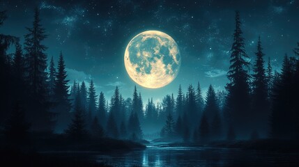 Fototapeta premium Enchanting Full Moon Over Serene Forest Lake