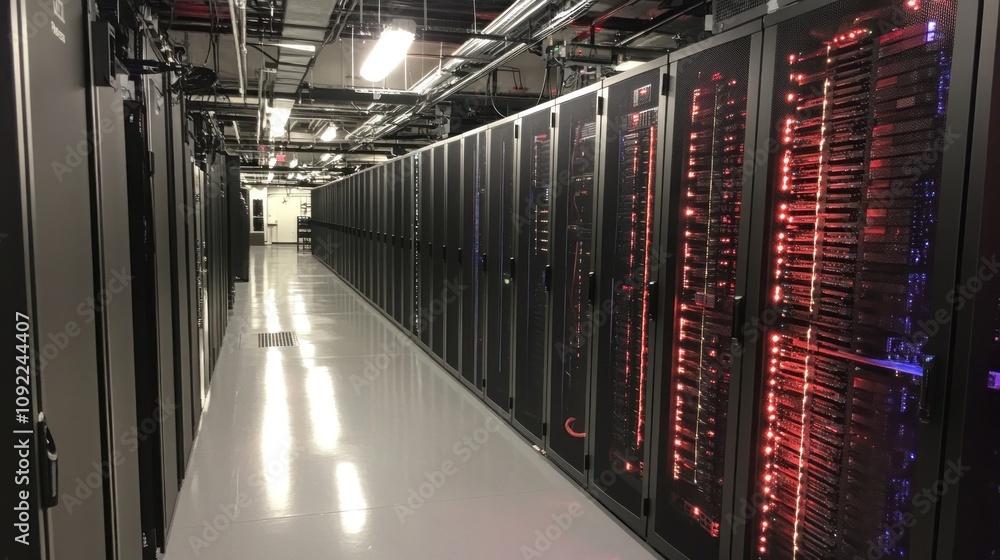 Poster illuminated server racks line modern data center corridor