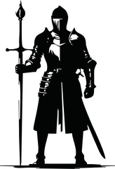 Black and white illustration of a medieval knight in full armor with a sword. Detailed armor and flowing cape create a dynamic, heroic look. Ideal for fantasy, historical, and chivalry themes.
Vector 