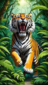 Fierce Tiger Roaring in Dense Jungle Scene