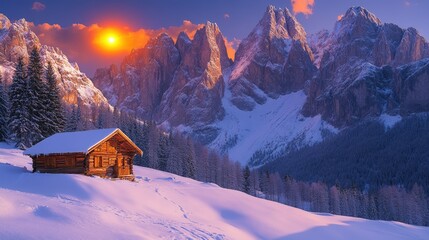 Fototapeta premium A serene winter landscape featuring a cozy cabin amidst snow-covered mountains at sunset.
