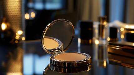 Elegant gold compact makeup mirror with soft lighting reflecting off the surface, showcasing beauty products in an upscale setting for a luxurious skincare experience