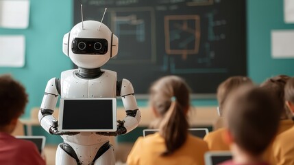 Ai robot teaching students in classroom modern education technology integration learning environment interactive experience