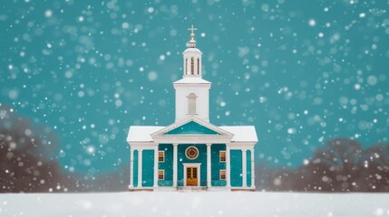 Fototapeta premium Snowy church with teal facade and winter backdrop.