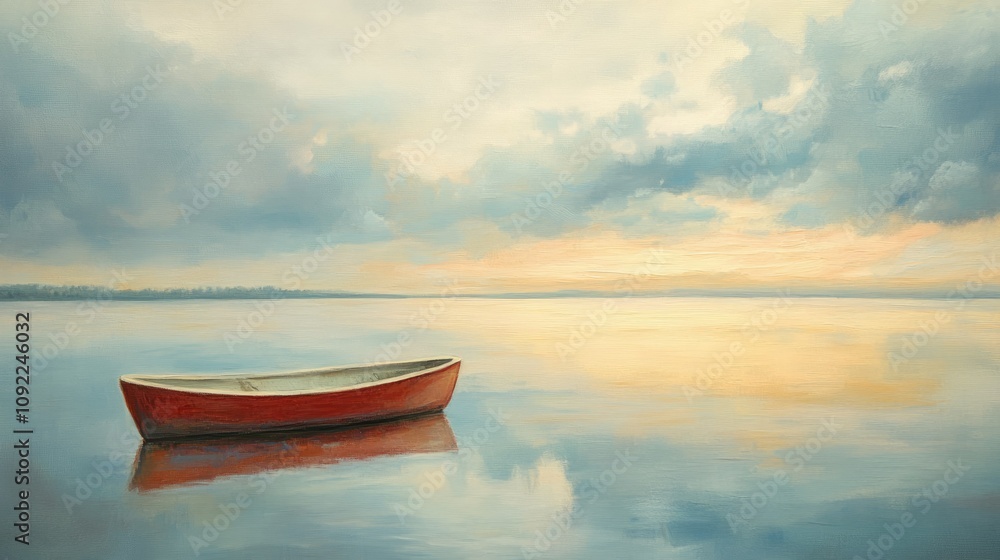 Aufkleber tranquil scene of a red canoe gently floating on a calm lake at sunset with soft clouds illuminating