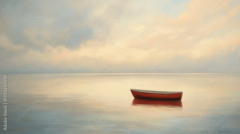 Poster tranquil scene of a red boat floating alone on a serene water surface under a soft sky with gentle h