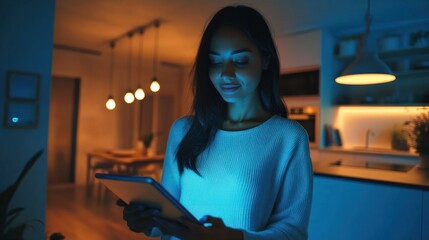 Woman holds tablet with smart home app to control devices in her modern house