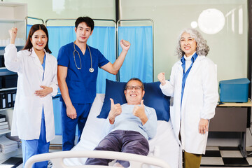 Fototapeta premium A female doctor examines an elderly man lying on a hospital bed, addressing chronic conditions like neurological disorders, coronary heart disease, bone disease,diabetes,disease,disease,hypertension