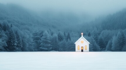 Snowy landscape with a small church in the distance.