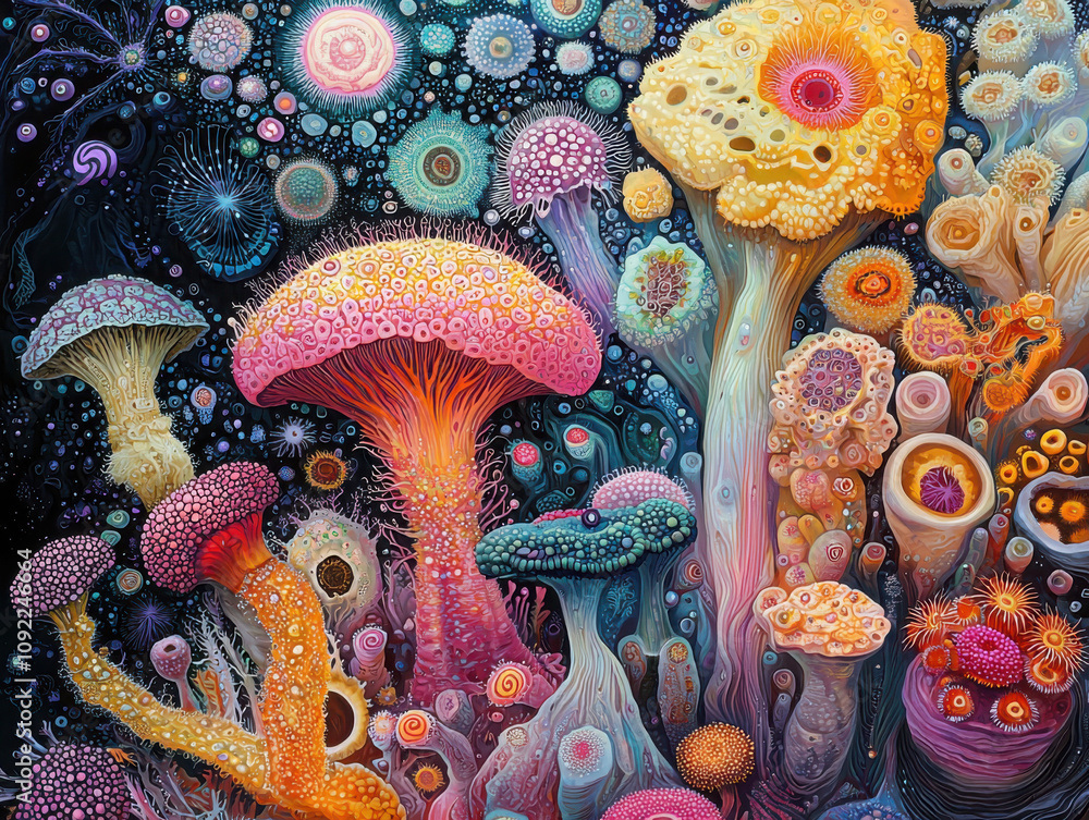 Poster exploring the microscopic world a symbolic representation of life forms in a vibrant ecosystem abstr