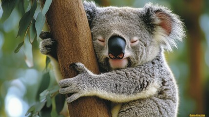 Obraz premium A Cute Koala Bear Sleeping Peacefully While Embracing a Tree in a Natural Outdoor Setting Surrounded by Greenery and Soft Sunlight Filtering Through Leaves