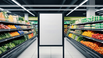 White sign is in the middle of a grocery store aisle