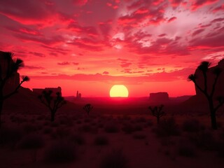 Fototapeta premium Red sunset over a desert landscape with silhouetted trees and rock formations, earthy, sunset, rocks