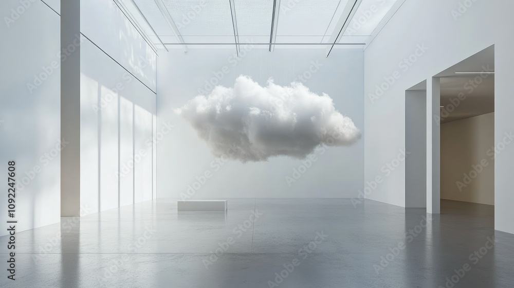 Poster floating cloud installation in a bright modern gallery space with natural light streaming through la