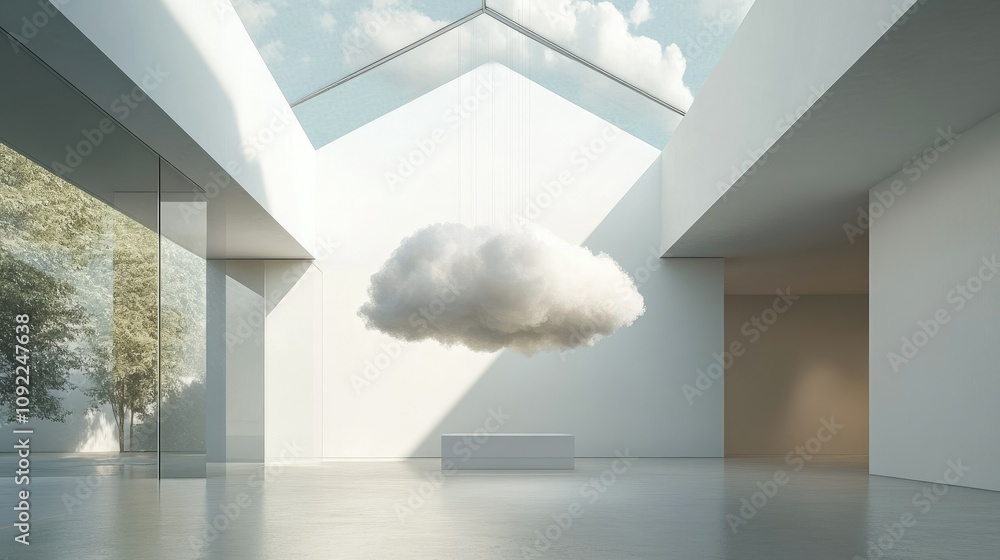 Poster ethereal cloud installation in a minimalist architectural space with natural light and sleek design 