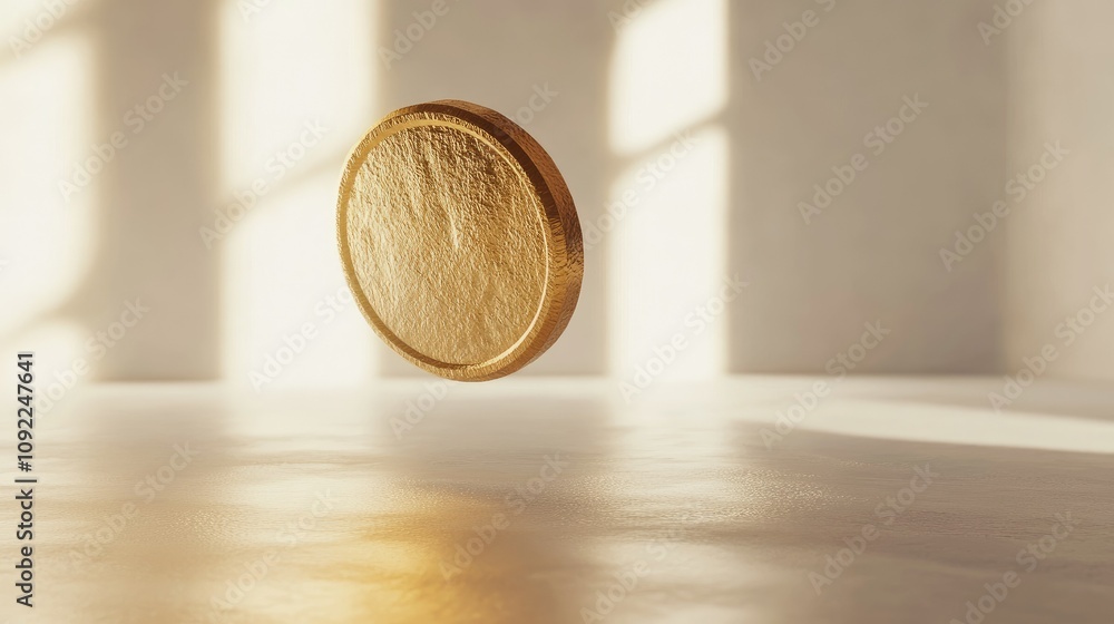 Poster a glimmering gold coin hovering in air with soft natural light illuminating the surface, creating sh