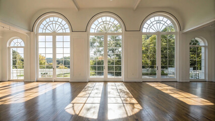 room with a window and a view.Sunlit Room with Three Elegant Arched Windows Casting Intricate Shadows on a Polished Wooden Floor