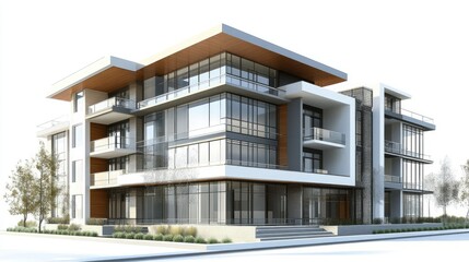 Fototapeta premium Modern Residential Building Architectural Design with Large Windows and Open Balconies Surrounded by Landscape in a Contemporary Urban Setting