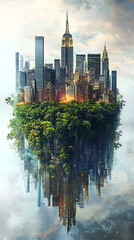 Futuristic Eco City Skyline with Skyscrapers and Green Vegetation at Sunset