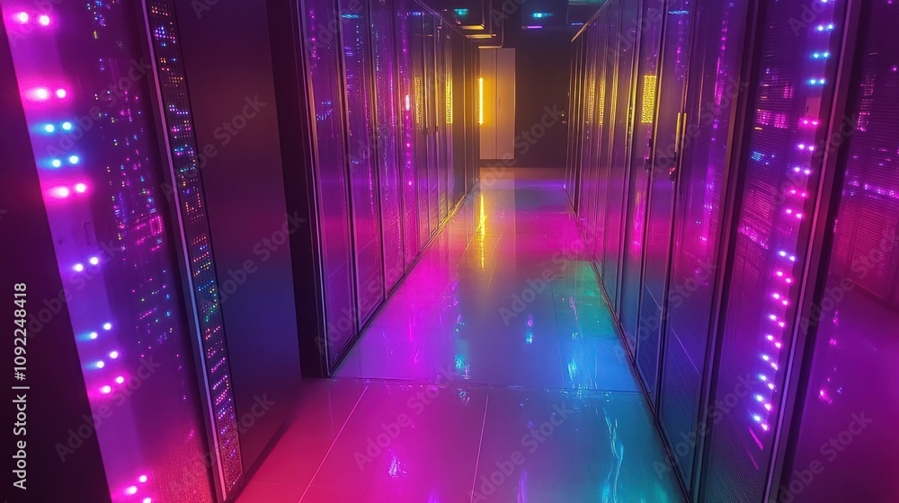 Poster illuminated server room corridor showing colorful lights