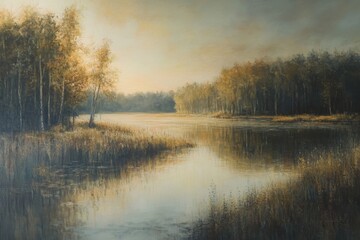 Obraz premium Serene Landscape of a Tranquil River at Dawn with Golden Light Reflecting on Calm Waters Surrounded by Lush Greenery and Autumn Foliage