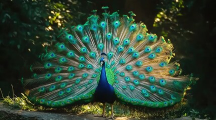 Obraz premium Majestic Peacock Spreading Colorful Feathers in a Forest Setting, Capturing Beauty and Elegance with Vibrant Blue and Green Hues Under Soft Natural Light