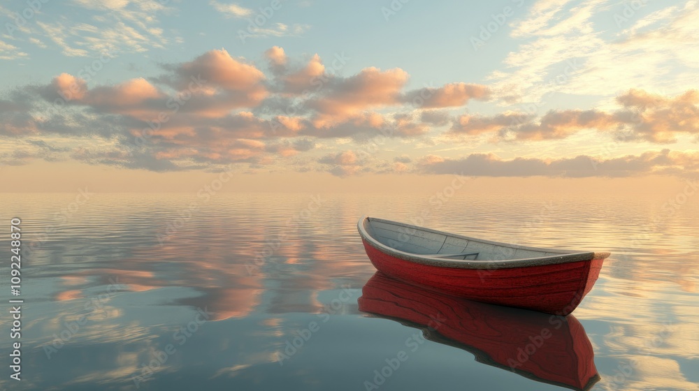 Aufkleber tranquil scene of a red boat floating on calm waters under a colorful sky filled with soft clouds du