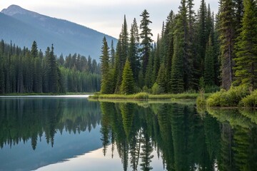 serene lake surface reflected in tall trees, natural beauty, calm water reflection, forest landscape