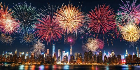 Fototapeta premium A stunning display of colorful fireworks lighting up the night sky in celebration of the 4th of July over a city skyline.
