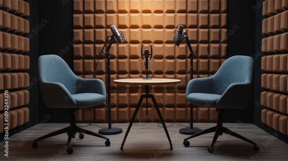 Poster a sleek recording studio setup with three stylish chairs, a compact round table, and two dynamic mic