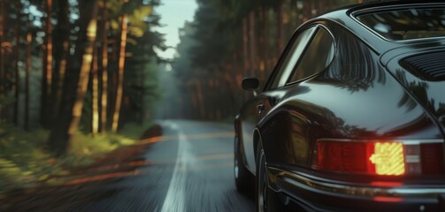 Obraz premium A black sport car speeding down a wet road thought the forest.