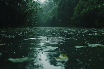 Fototapeta premium Serene Raindrops Creating Ripples on a Calm Forest River Surrounded by Lush Greenery in a Tranquil Rainy Setting
